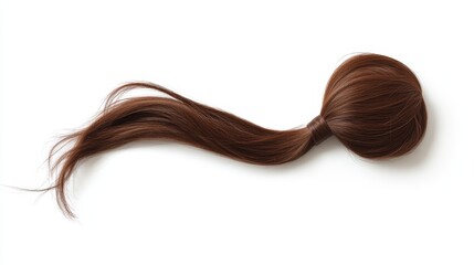 Long, brown ponytail isolated against a white background.