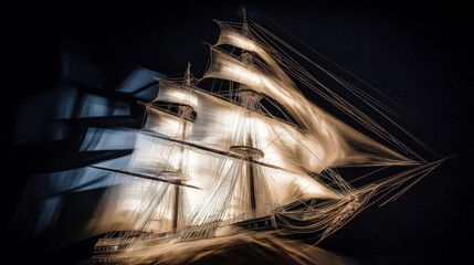Poster - Glowing sailing ship on abstract blue waves, blending maritime themes with futuristic digital art in an ethereal light display