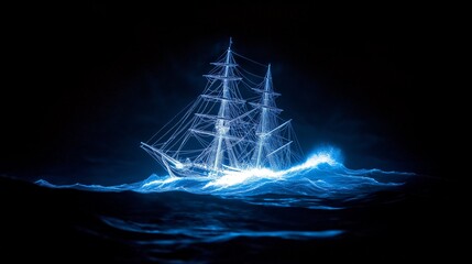 Poster - Glowing sailing ship on abstract blue waves, blending maritime themes with futuristic digital art in an ethereal light display, Generative Ai