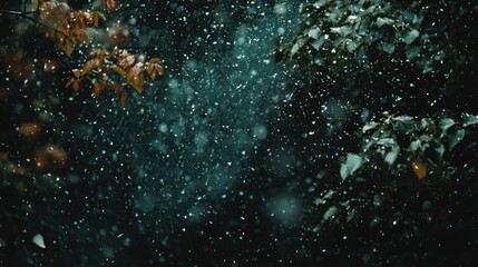 Poster - Falling Snow Against a Dark Forest Background