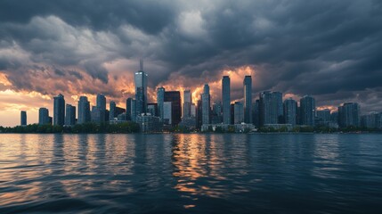 Poster - City Skyline with Dramatic Clouds at Sunset