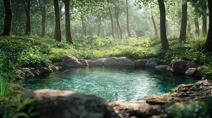 A serene forest scene featuring a tranquil pond surrounded by lush greenery and sunlight filtering through the trees.