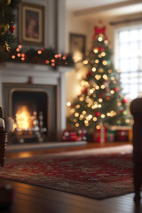 Wall Mural - Cozy living room with decorated Christmas tree and warm garland lights. New Year and Merry Christmas concept.