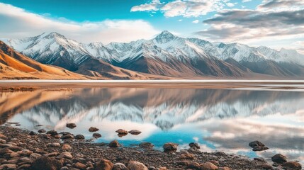 Canvas Print - Mountain Range Reflection in Still Water with Rocky Shore