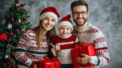 Happy family at Christmas, Christmas portrait, family ready to take Christmas photo