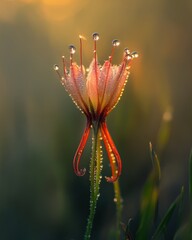 Sticker - A Single Dew-Covered Flower with Red Sepals Against a Soft Golden Background