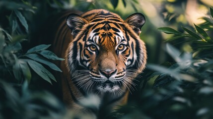 Sticker - A Close-Up of a Tiger's Face Partially Hidden by Lush Green Foliage