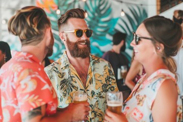 Canvas Print - Group of friends having fun and drinking beer at a party. People having fun together.