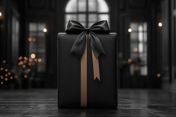 A large black box with a brown ribbon tied around it. The ribbon is long and elegant, and the box is made of a shiny, dark material. The room in which the box is placed is dimly lit