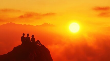 Poster - Silhouetted Couple and Man Watching Sunset Over Mountains