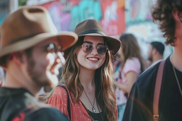 Canvas Print - young beautiful hipster woman in hat and sunglasses on the city street