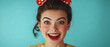 © Synthetica - A woman with red hair and a red bow on her head is smiling. She has red lipstick and is wearing a yellow shirt