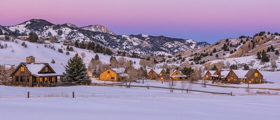 Poster - Mountainside Cabins with Snow and a Pink Sky