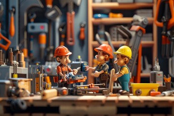 Aufkleber - A repair team collaborates on a project, using various tools and materials in a well-equipped workshop filled with equipment. Generative AI