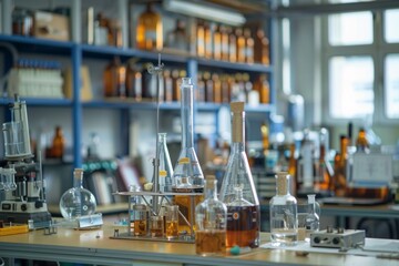 Poster - A researcher conducts experiments with various glassware and colorful liquids in a well-equipped laboratory filled with equipment. Generative AI