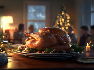 Family praying before dinner is sitting at Decorated table roasted turkey or chiken in sauce with rosemary. Holiday celebration dinner Christmas or Thanksgiving.