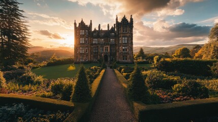 Poster - A Stone Mansion with Gardens at Sunset