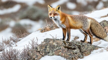 Canvas Print - Red Fox Standing on a Snowy Rock in Winter