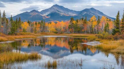 Wall Mural - Mountain Range Reflected in Calm Autumn Lake