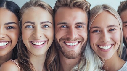 Aufkleber - A group of five friends stands closely together, all smiling broadly and radiating happiness in a warm, inviting atmosphere. Generative AI