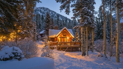 Canvas Print - A Cozy Cabin Nestled in a Snowy Mountain Forest at Dusk