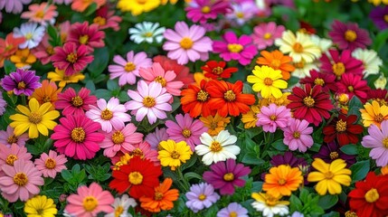 Poster - A vibrant close-up of a cluster of colorful blooming flowers with green foliage