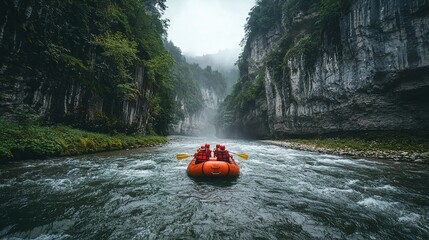 A vibrant red raft navigates a misty river surrounded by towering green cliffs, creating a sense of adventure and tranquility in nature.