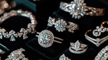 A collection of luxurious diamond rings and jewelry pieces displayed elegantly on a dark velvet background.