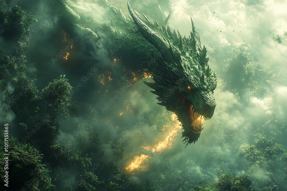 emerald-dragon-unleashes-a-fiery-breath-amid-a-misty-jungle-igniting