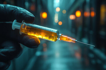 Poster - A doctor's hand holding a syringe with a glowing liquid inside, representing the importance of vaccines in maintaining public health. Concept of health.