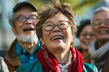 Group of senior people having fun in the street. Group of elderly friends having fun together.