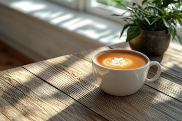 Sticker - A cup of coffee on a clean, empty table, representing mindfulness and simplicity in everyday life. Concept of minimalism.