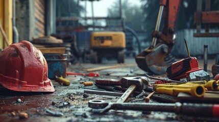 Aufkleber - A repair team organizes tools and materials at a construction site early in the morning, focused on upcoming project tasks and safety. Generative AI