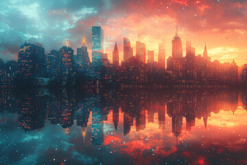 Wall Mural - a city skyline that shifts and changes, showing the existence of parallel worlds. concept of alterna