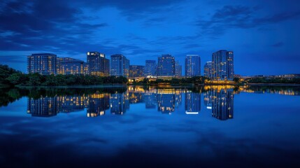 Wall Mural - Illuminated Skyscrapers Reflected in Still Water at Dusk