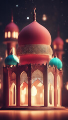 Wall Mural - a night in ramadan a colorful mosque and a lantern with a glowing evening light 3d illustration vert
