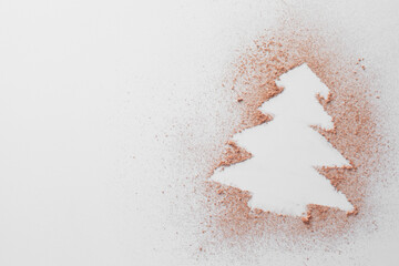 Wall Mural - Christmas tree made of powder on white background, top view. Space for text