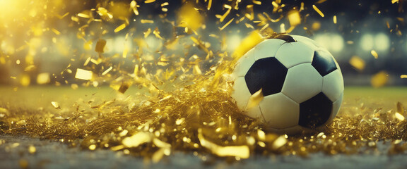 A soccer championship win in the evening stadium arena! Tinsel and confetti Toning in yellow