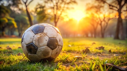 Soccer ball on grassy field during sunset