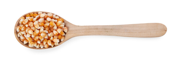 Poster - Fresh corn kernels in wooden spoon isolated on white, top view