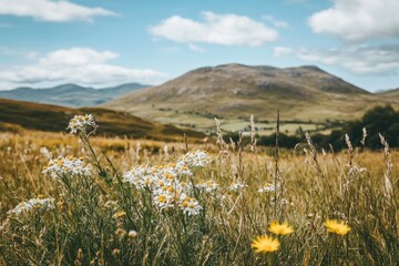 Canvas Print - Wildflowers Blooming in a Grassy Field with a Mountainous Background