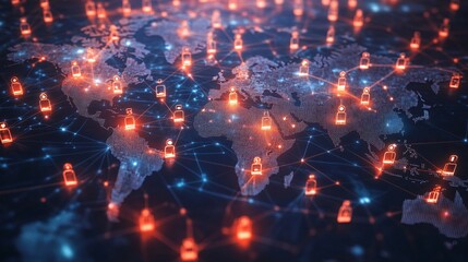 Poster - Global Network Connections with Glowing Nodes on a Digital World Map