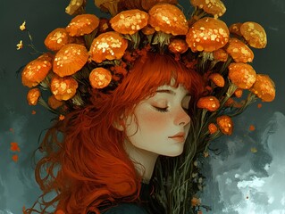 Wall Mural - Dreamy Portrait of a Woman with Mushrooms in Her Hair