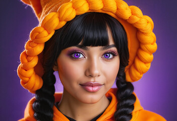 Playful girl in a vibrant orange hat and hoodie with striking purple eyes against a purple background