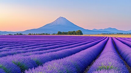 Wall Mural - A Lavender Field at Sunrise with a Mountain in the Background