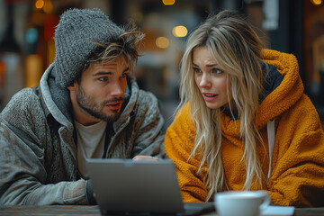 Poster - Two people having a heated debate during a video call, their expressions showing frustration and impatience. Concept of digital argument.