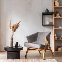 Japandi Minimalist Living Room with Armchair and Black Coffee Table