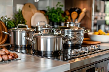 A well-equipped kitchen showcases shiny stainless steel pots on the stove with fresh herbs and a chopping board filled with lemons. Generative AI