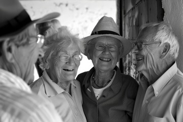 Poster - Group of seniors enjoying a sunny day at the beach in black and white