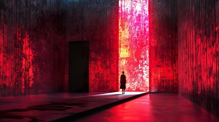 Poster - Silhouette in a Red Glowing Doorway: A Journey into the Unknown